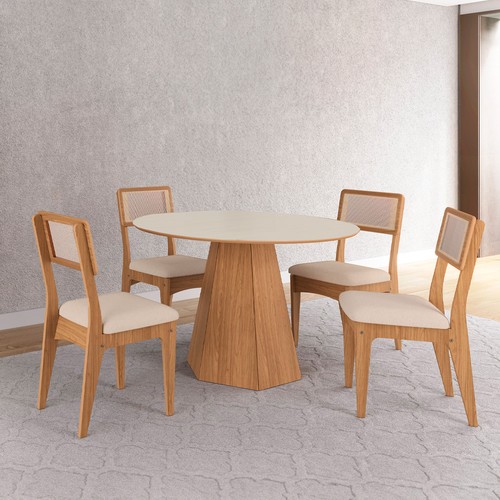 Conjunto Sala de Jantar Mesa Lisboa Hexagonal Off White/Freijó com 4 Cadeiras Palha Sintética 100% Mdf Freijó/Bege Claro J20