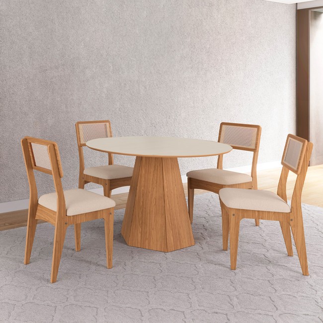 Conjunto Sala de Jantar Mesa Lisboa Hexagonal Off White/Freijó com 4 Cadeiras Palha Sintética 100% Mdf Freijó/Bege Claro J20