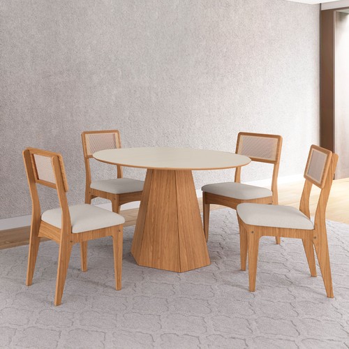 Conjunto Sala de Jantar Mesa Lisboa Hexagonal Off White/Freijó com 4 Cadeiras Palha Sintética 100% Mdf Freijó/Cesare Claro J23