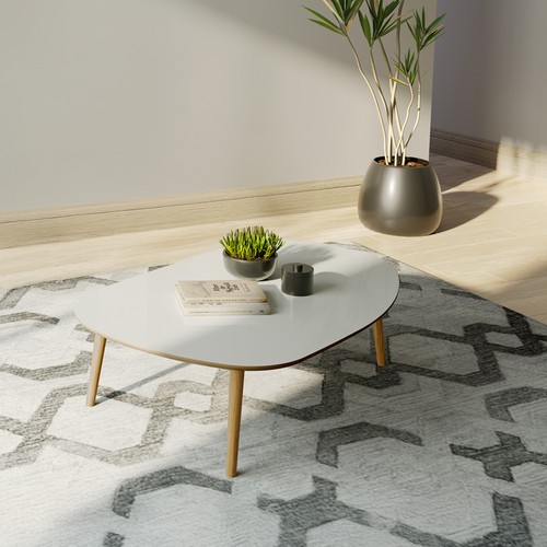 Mesa de Centro Orgânica 120cm com Pés de Madeira Off White/ Freijó - Dalla Costa