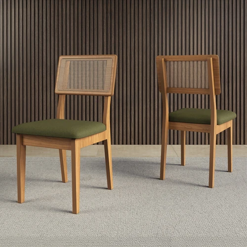 Kit 2 Cadeiras 100% Mdf Estofadas com Encosto em Tela Freijó/Verde J25 - Dalla Costa