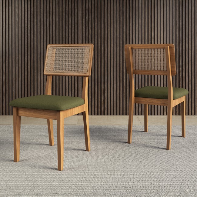 Kit 2 Cadeiras 100% Mdf Estofadas com Encosto em Tela Freijó/Verde J25 - Dalla Costa