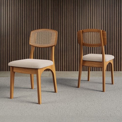 Kit 2 Cadeiras Retrô 100% Mdf com Encosto em Palha Sintética Freijó/Bege Rústico - Dalla Costa