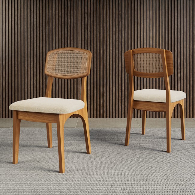 Kit 2 Cadeiras Retrô 100% Mdf com Encosto em Palha Sintética Freijó/Tweed Liso Claro - Dalla Costa
