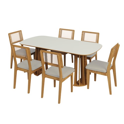 Conjunto Sala de Jantar Mesa Nature Off White/Freijó com 6 Cadeiras Palha Sintética Ca35 Bege Claro