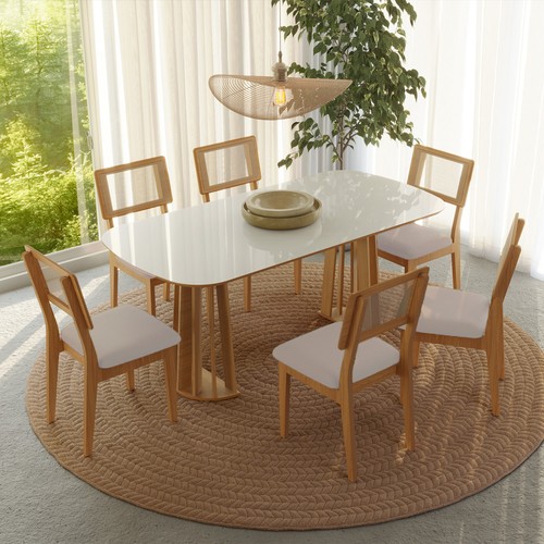 Conjunto Sala de Jantar Mesa Nature Off White/Freijó com 6 Cadeiras Palha Sintética Ca35 Césare Claro