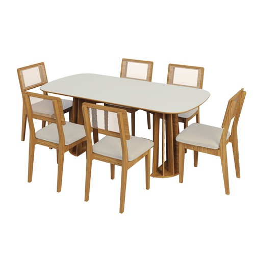 Conjunto Sala de Jantar Mesa Nature Off White/Freijó com 6 Cadeiras Palha Sintética Ca35 Césare Claro