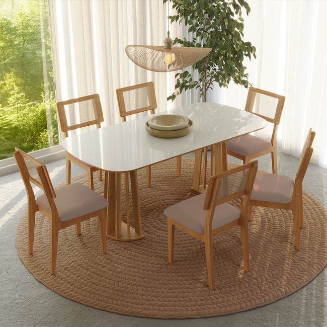 Conjunto Sala de Jantar Mesa Nature Off White/Freijó com 6 Cadeiras Palha Sintética Ca35 Césare Escuro