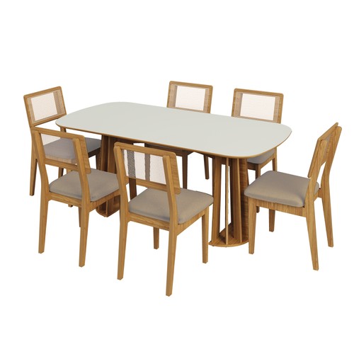 Conjunto Sala de Jantar Mesa Nature Off White/Freijó com 6 Cadeiras Palha Sintética Ca35 Césare Escuro