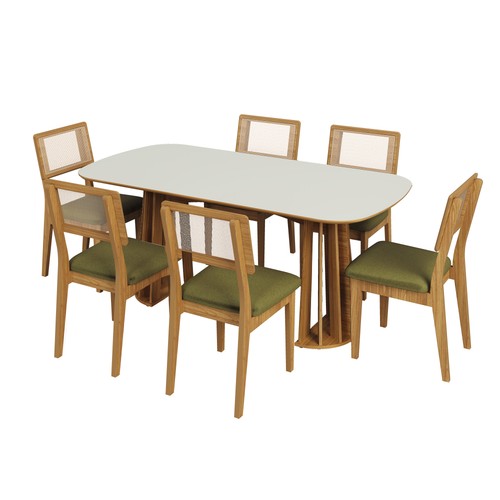 Conjunto Sala de Jantar Mesa Nature Off White/Freijó com 6 Cadeiras Palha Sintética Ca35 Verde