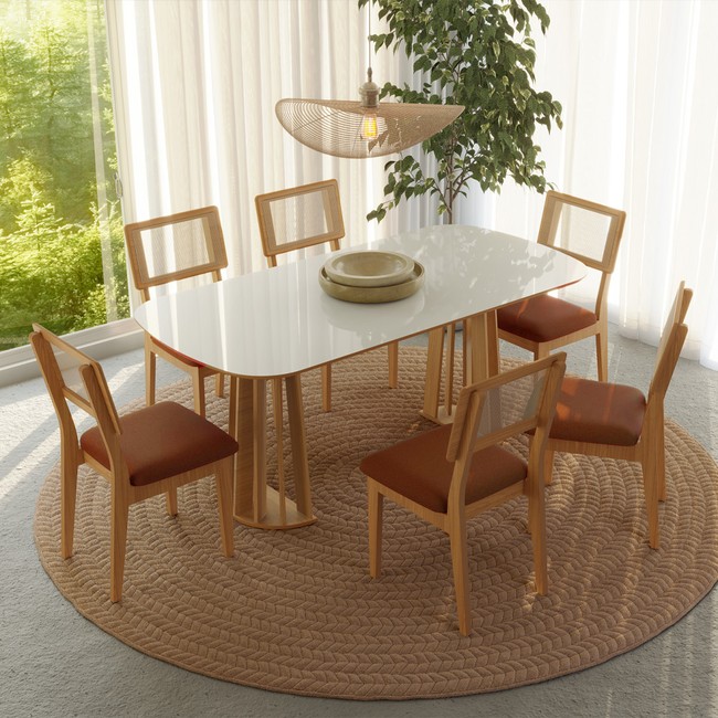 Conjunto Sala de Jantar Mesa Nature Off White/Freijó com 6 Cadeiras Palha Sintética Ca35 Vermelho Veronese