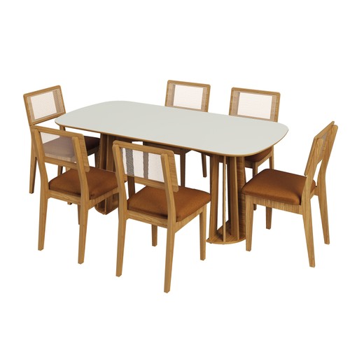 Conjunto Sala de Jantar Mesa Nature Off White/Freijó com 6 Cadeiras Palha Sintética Ca35 Vermelho Veronese