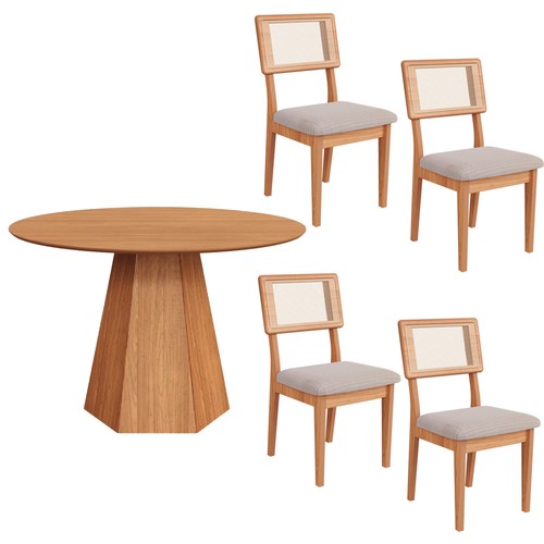 Conjunto Sala de Jantar Mesa Lisboa Hexagonal Freijó Tm80 com 4 Cadeiras Palha Sintética Ca35 - Freijó/Bege Rústico Claro