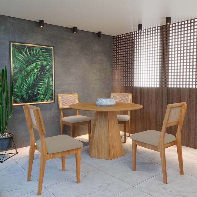 Conjunto Sala de Jantar Mesa Lisboa Hexagonal Freijó Tm80 com 4 Cadeiras Palha Sintética Ca35 - Freijó/Césare Escuro