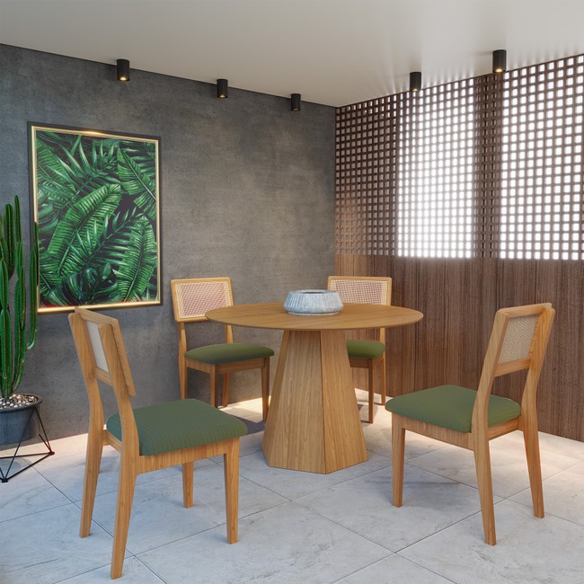 Conjunto Sala de Jantar Mesa Lisboa Hexagonal Freijó Tm80 com 4 Cadeiras Palha Sintética Ca35 - Freijó/Verde