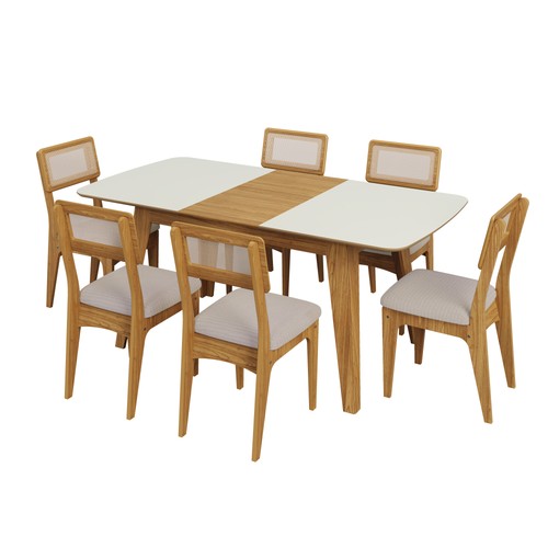 Conjunto Sala de Jantar Mesa Lisboa Extensível com 6 Cadeiras Tela Sintética Freijó/Off White/ Bege Claro Rústico
