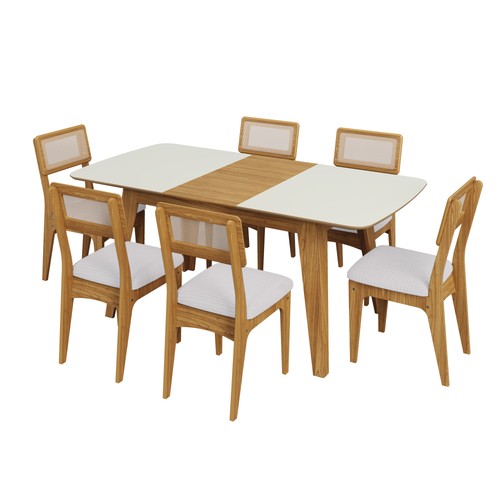 Conjunto Sala de Jantar Mesa Lisboa Extensível com 6 Cadeiras Tela Sintética Freijó/Off White/Césare Claro