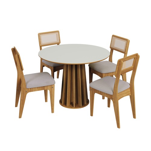 Conjunto Sala de Jantar Mesa Redonda Nature com 4 Cadeiras Tela Sintética Freijó/Off White/Bege Claro Rústico