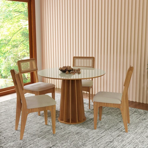 Conjunto Sala de Jantar Mesa Redonda Nature com 4 Cadeiras Tela Sintética Freijó/Off White/Bege Claro Rústico