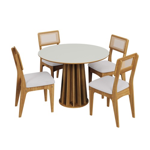 Conjunto Sala de Jantar Mesa Redonda Nature com 4 Cadeiras Tela Sintética Freijó/Off White/Césare Claro
