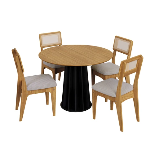 Conjunto Sala de Jantar Mesa Redonda Nature com 4 Cadeiras Tela Sintética Freijó/Preto Fosco/Bege Claro Rústico