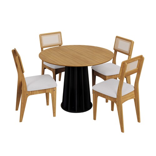 Conjunto Sala de Jantar Mesa Redonda Nature com 4 Cadeiras Tela Sintética Freijó/Perto Fosco/Césare Claro