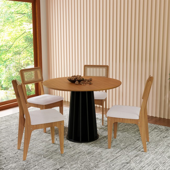 Conjunto Sala de Jantar Mesa Redonda Nature com 4 Cadeiras Tela Sintética Freijó/Perto Fosco/Césare Claro