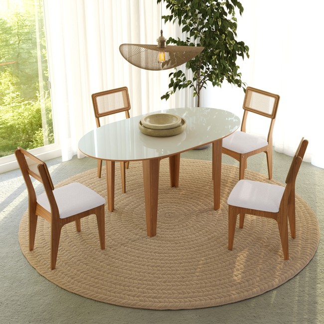Conjunto Sala de Jantar Mesa Nature Extensível com 4 Cadeiras Tela Sintética Freijó/Off White/Césare Claro Bouclé