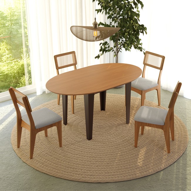 Conjunto Sala de Jantar Mesa Nature Extensível com 4 Cadeiras Tela Sintética Freijó/Preto Fosco/Bege Claro Rústico