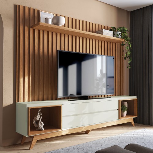 Painel para TV Até 75 Polegadas 2 Gavetas Espelhadas Ripado Off White/Freijó - Dalla Costa