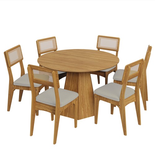 Conjunto Sala de Jantar Mesa Lisboa Base Hexagonal com 6 Cadeiras Tela Sintética Freijó/Bege Claro Rústico