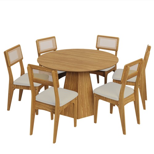 Conjunto Sala de Jantar Mesa Lisboa Base Hexagonal com 6 Cadeiras Tela Sintética Freijó/Césare Claro Bouclé