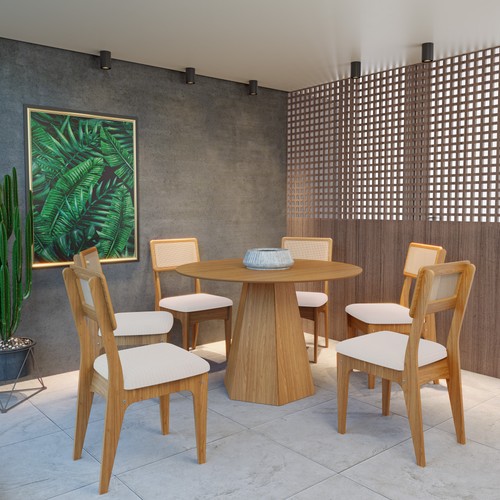 Conjunto Sala de Jantar Mesa Lisboa Base Hexagonal com 6 Cadeiras Tela Sintética Freijó/Césare Claro Bouclé