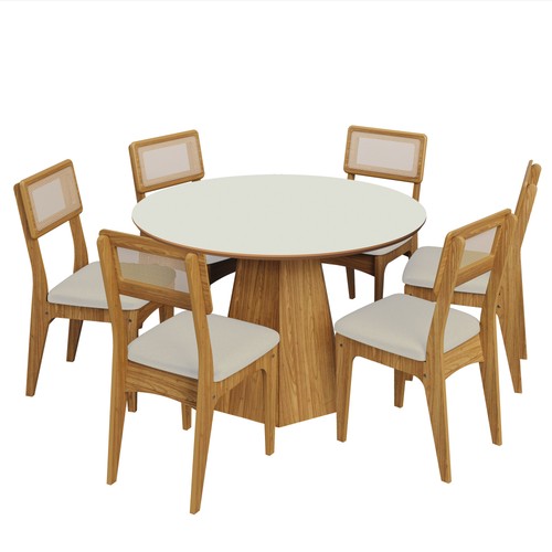Conjunto Sala de Jantar Mesa Lisboa Base Hexagonal com 6 Cadeiras Tela Sintética Freijó/Off White/Césare Claro Bouclé