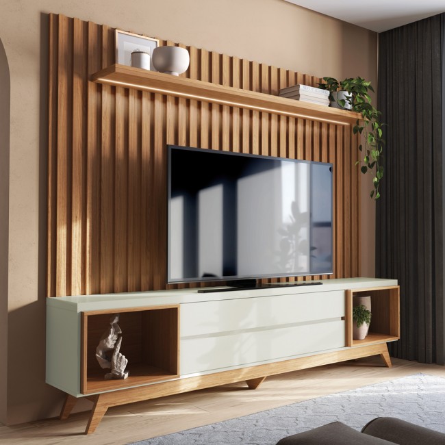 Painel para TV Até 75 Polegadas 2 Gavetas Espelhadas com Fita Led Ripado Off White/Freijó - Dalla Costa