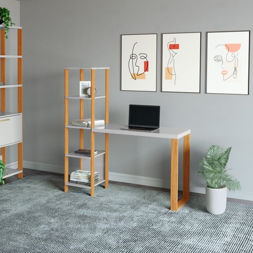 Mesa para Escritório 5 Prateleiras Industrial Off White/Freijó - Dalla Costa