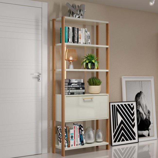Estante para Livros 1 Porta Industrial Off White/Freijó - Dalla Costa
