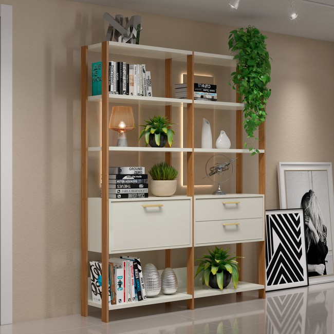 Estante para Livros 2 Gavetas 1 Porta Industrial Off White/Freijó - Dalla Costa