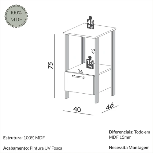 Mesa Auxiliar Industrial para Escritório 1 Gaveta Off White/Freijó - Dalla Costa