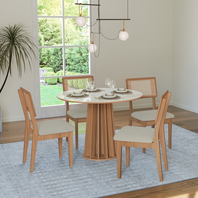 Conjunto Sala de Jantar Mesa Redonda Nature com 4 Cadeiras Tela Sintética Off White/Freijó/Bege Claro