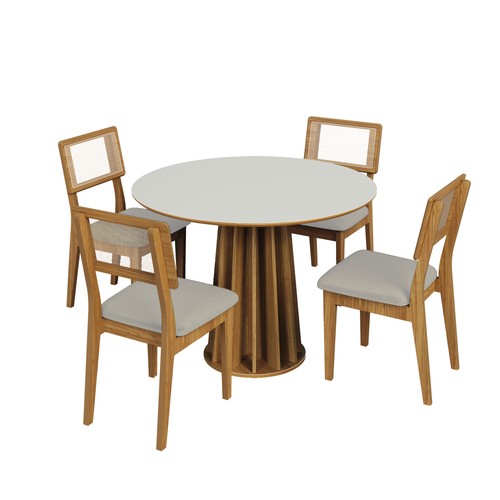 Conjunto Sala de Jantar Mesa Redonda Nature com 4 Cadeiras Tela Sintética Off White/Freijó/Bege Claro