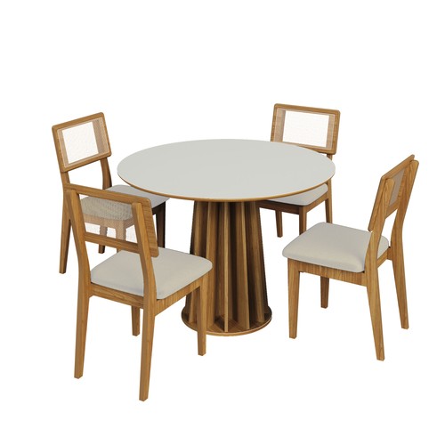 Conjunto Sala de Jantar Mesa Redonda Nature com 4 Cadeiras Tela Sintética Off White/Freijó/Bouclé Césare Claro