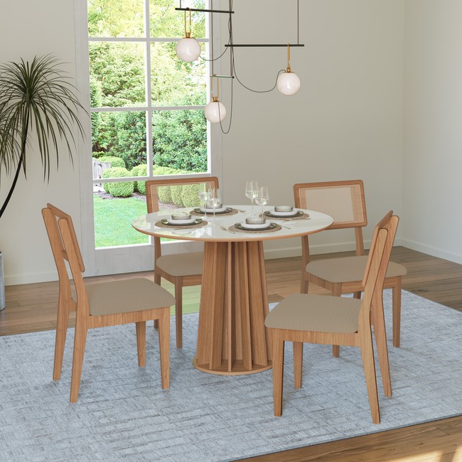 Conjunto Sala de Jantar Mesa Redonda Nature com 4 Cadeiras Tela Sintética Off White/Freijó/Bouclé Césare Escuro