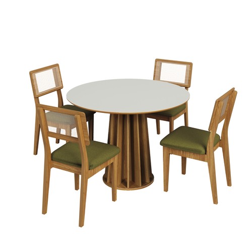 Conjunto Sala de Jantar Mesa Redonda Nature com 4 Cadeiras Tela Sintética Off White/Freijó/Verde