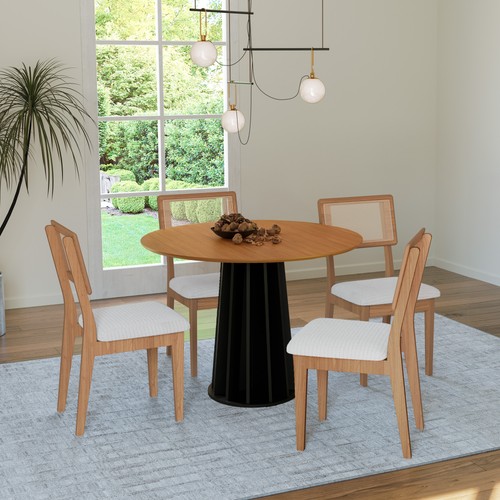 Conjunto Sala de Jantar Mesa Redonda Nature com 4 Cadeiras Tela Sintética Freijó/Preto/Bouclé Césare Claro