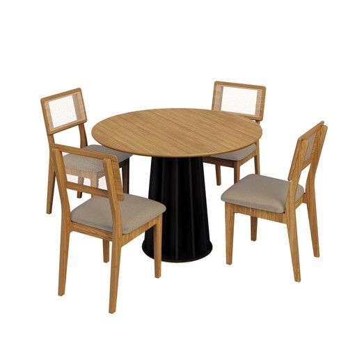 Conjunto Sala de Jantar Mesa Redonda Nature com 4 Cadeiras Tela Sintética Freijó/Preto/Bouclé Césare Escuro