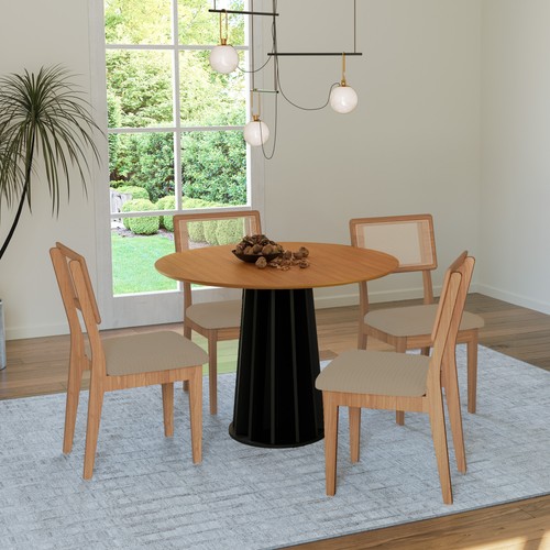 Conjunto Sala de Jantar Mesa Redonda Nature com 4 Cadeiras Tela Sintética Freijó/Preto/Bouclé Césare Escuro