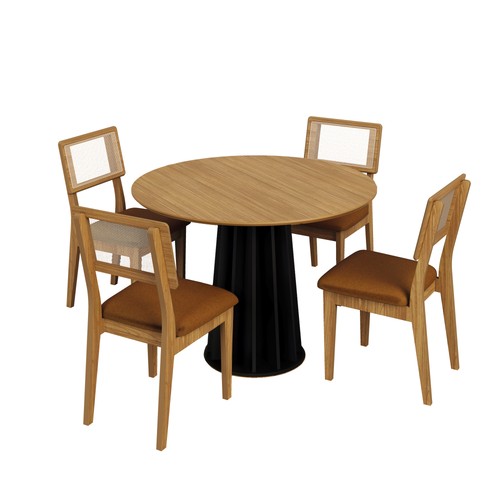 Conjunto Sala de Jantar Mesa Redonda Nature com 4 Cadeiras Tela Sintética Freijó/Preto/Vermelho