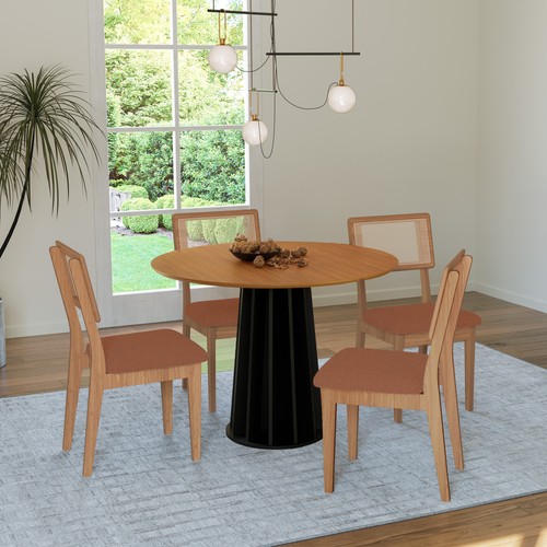 Conjunto Sala de Jantar Mesa Redonda Nature com 4 Cadeiras Tela Sintética Freijó/Preto/Vermelho