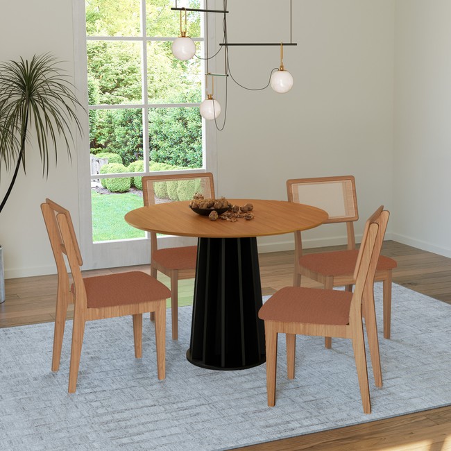 Conjunto Sala de Jantar Mesa Redonda Nature com 4 Cadeiras Tela Sintética Freijó/Preto/Vermelho